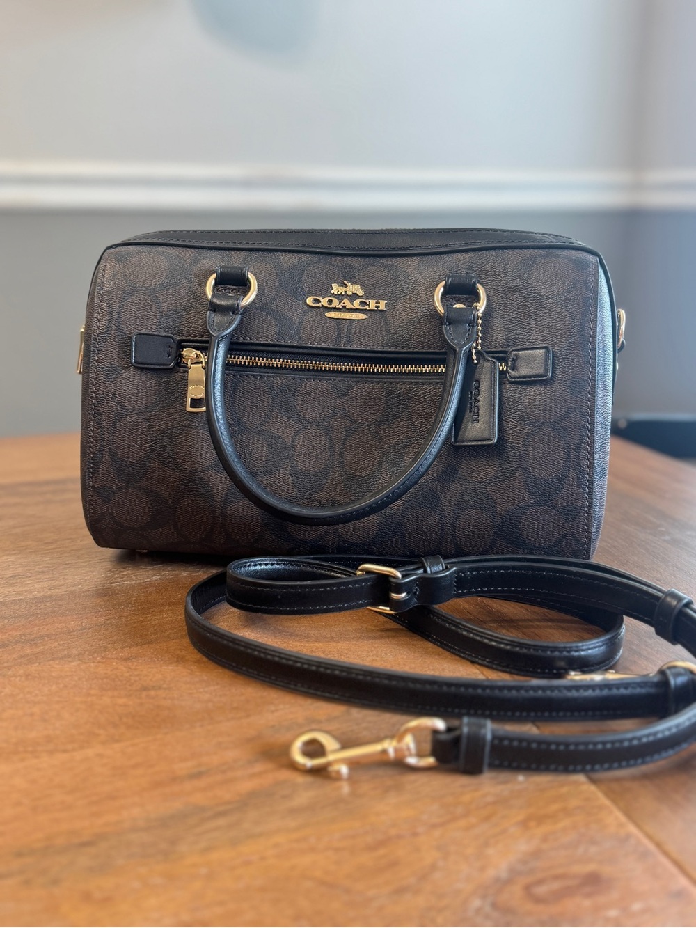 Coach Dark Brown Signature Canvas Crossbody Satchel with Gold Hardware